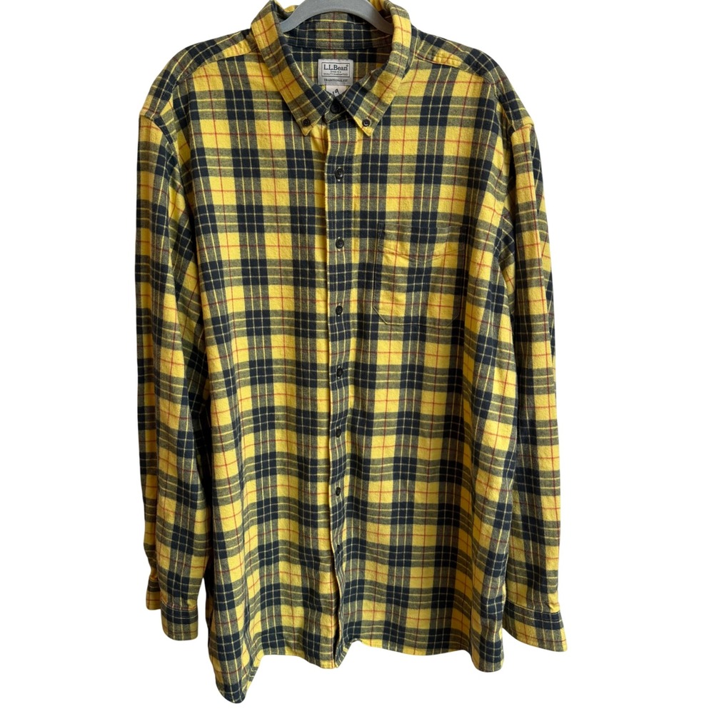 L.L. Bean Flannel‎ Shirt Mens 2XL Tall Yellow Black Plaid Traditional Fit Cotton